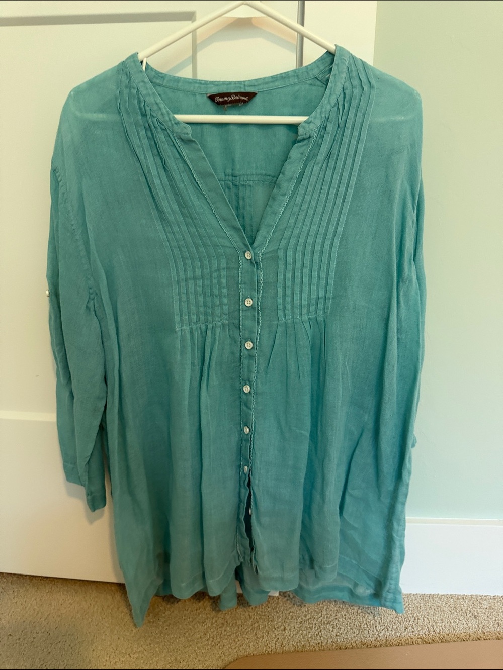 3 Tommy Bahama Linen Button Down Blouses with Ruffle Detail Aqua Coral and Tan - Picture 7 of 15